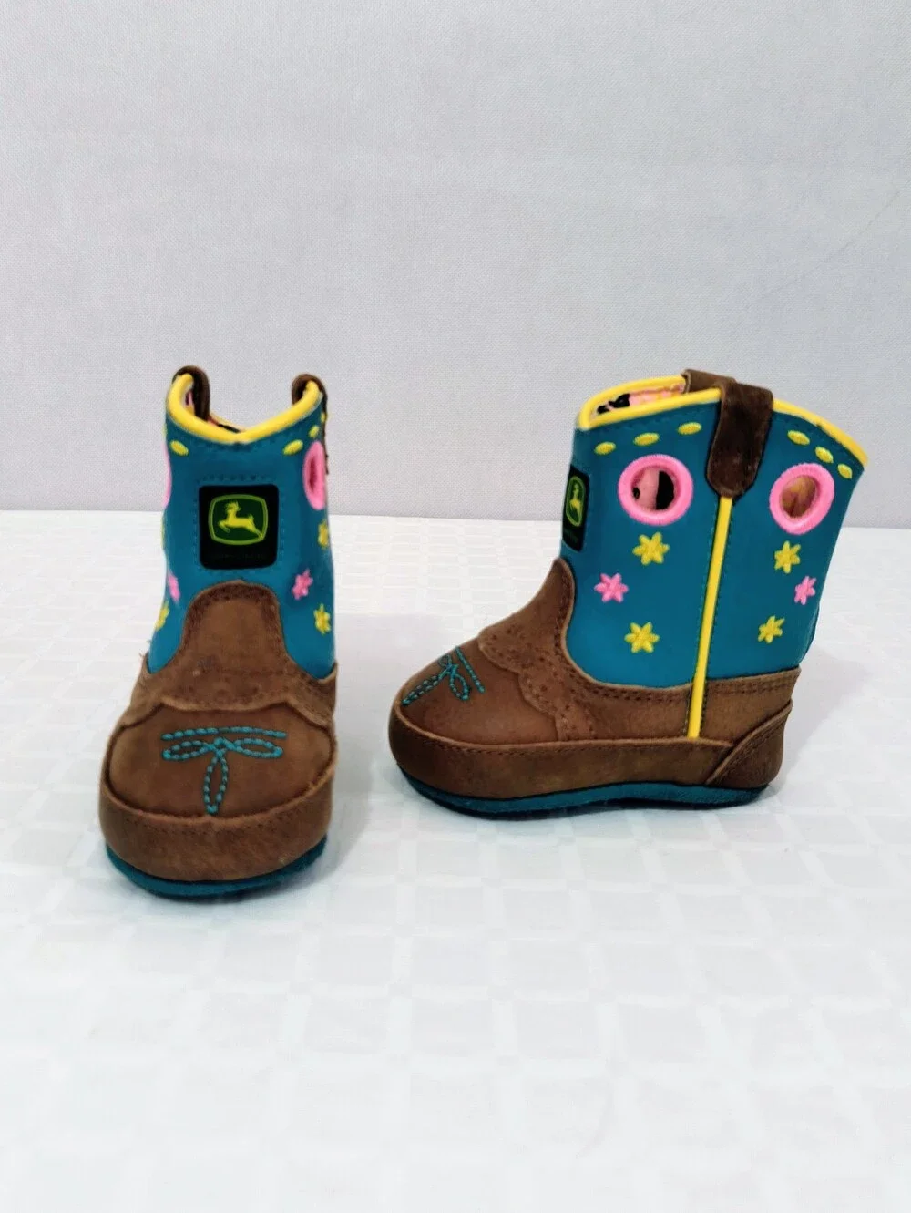 John Deere Brown & Teal Toddler Western Boots with Pink & Yellow Accents
